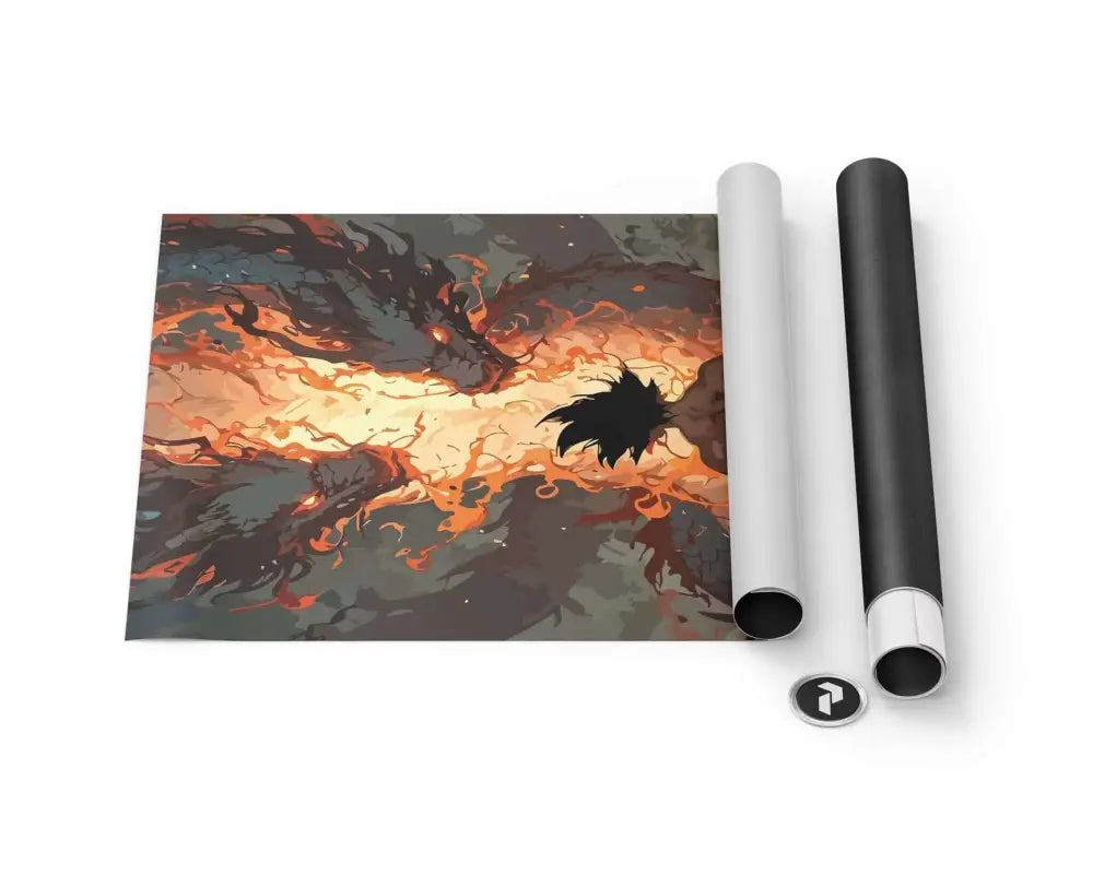 Une illustration vibrante d’un dragon ardent imprimée sur un poster en papier mat.