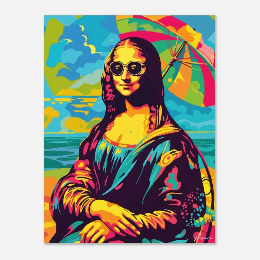 Impression pop-art vibrante de la Joconde portant des lunettes de soleil et tenant un parapluie arc-en-ciel, rendue en couleurs néon audacieuses avec des coups de pinceau stylisés.