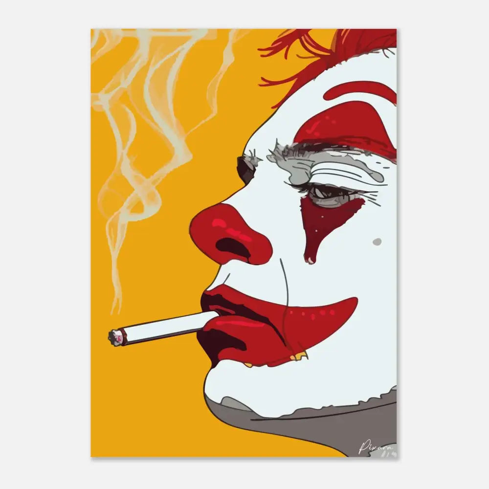 Une illustration stylisée d’un visage de clown avec de la peinture blanche, un nez et des lèvres rouges, et un arrière-plan orange fumé.