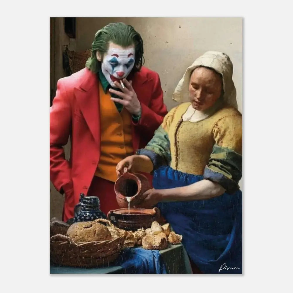 Une veste rouge vibrante portée par un personnage avec un maquillage de clown, assortie d’un gilet orange et d’une chemise verte en dessous.