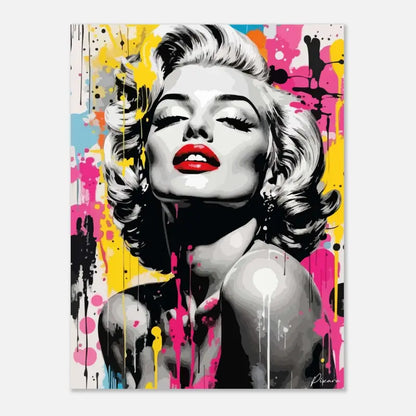 Toile d’art pop vibrant présentant un portrait stylisé de Marilyn Monroe avec des lèvres rouges audacieuses, des cheveux et épaules en noir et blanc sur un fond d’éclaboussures de peinture jaune, rose et bleue.