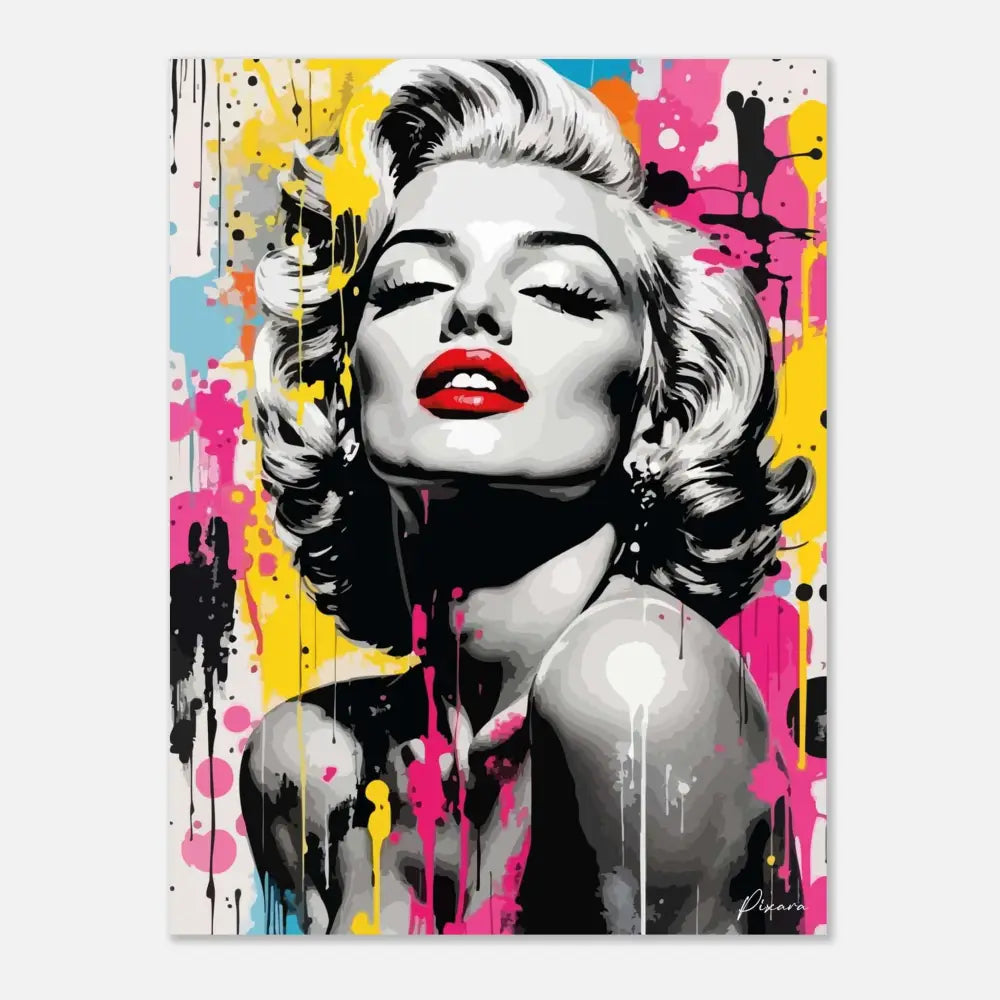 Portrait vibrant en pop art de Marilyn Monroe avec des lèvres rouges audacieuses et des cheveux noir et blanc sur un fond d’éclaboussures colorées.