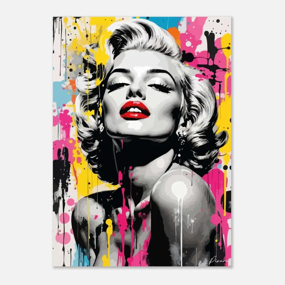 Portrait vibrant en art pop de Marilyn Monroe avec des lèvres rouges audacieuses et des traits en noir et blanc sur un fond coloré d’éclaboussures de peinture jaune, rose et bleu qui coulent.