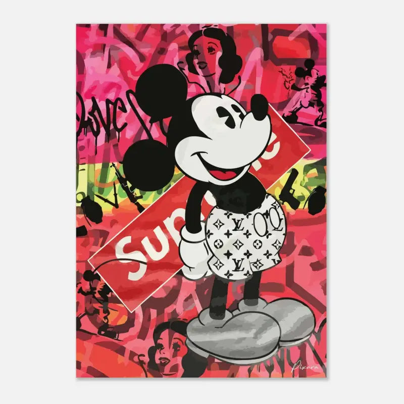 Mickey Mouse portant un short blanc avec un motif monogramme Louis Vuitton noir et se tenant devant un logo Supreme rouge.