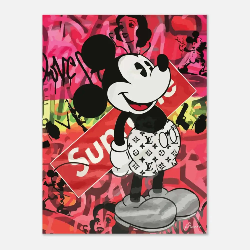 Mickey Mouse portant une jupe blanche à motif monogrammé Louis Vuitton et se tenant à côté d’une bannière au logo rouge Supreme.
