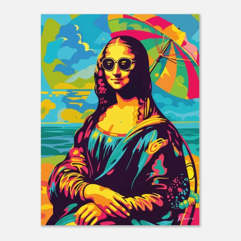 Impression pop-art vibrante de la Joconde portant des lunettes de soleil et tenant un parapluie arc-en-ciel, rendue en couleurs néon audacieuses avec des traits de pinceau stylisés.
