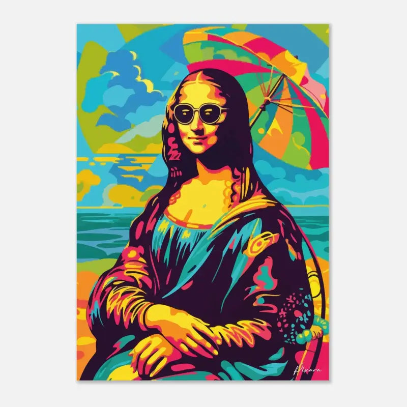 Impression pop-art vibrante de la Joconde portant des lunettes de soleil et tenant un parapluie arc-en-ciel, rendue en couleurs néon audacieuses avec des coups de pinceau stylisés.