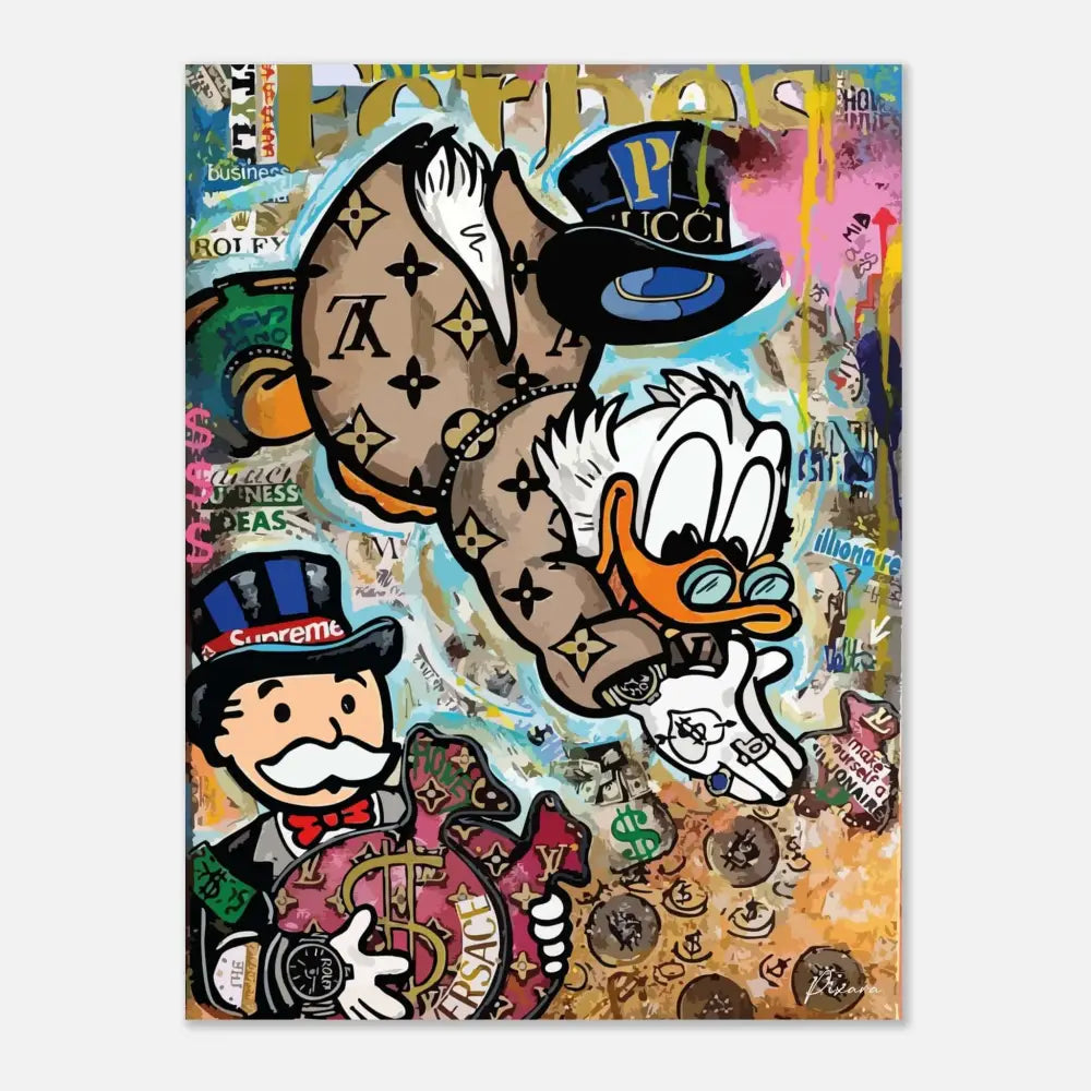 Une œuvre d’art vibrante de style graffiti mettant en scène Donald Duck dans un costume marron monogramme Louis Vuitton et un haut-de-forme, aux côtés de l’homme du Monopoly tenant de l’argent et portant une casquette Supreme.