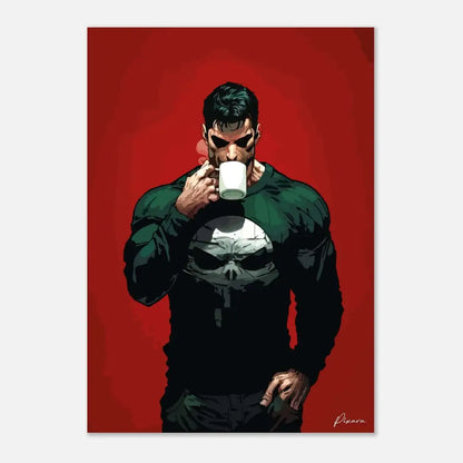 Une affiche rouge frappante mettant en scène un homme musclé vêtu d’une chemise noire à manches longues ornée d’un emblème de crâne blanc, tenant une tasse blanche simple sur un fond cramoisi audacieux.