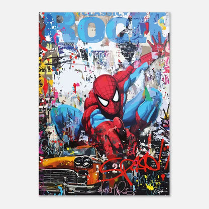 Une toile vibrante de style graffiti mettant en scène Spider-Man dans son costume classique rouge et bleu, entouré de peinture éclaboussée et d’éléments d’art de rue urbain.