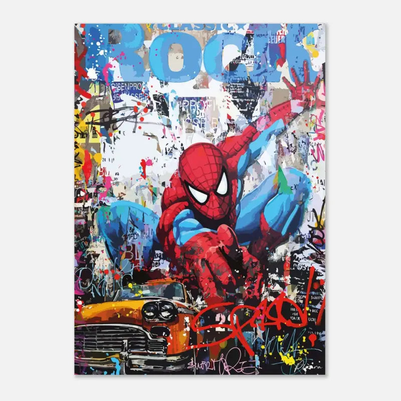 Une toile vibrante de style graffiti mettant en scène Spider-Man dans son costume classique rouge et bleu, entouré de peinture éclaboussée et d’éléments d’art de rue urbain.
