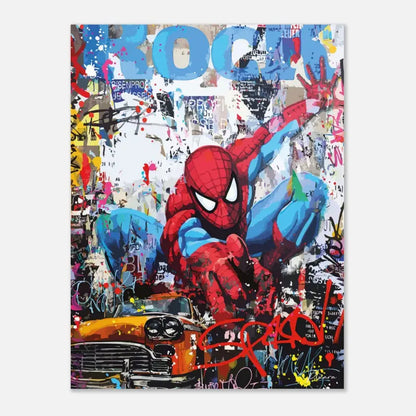 Toile vibrante de style graffiti mettant en scène Spider-Man dans son costume classique rouge et bleu, entouré de peinture éclaboussée et d’éléments d’art de rue urbain.