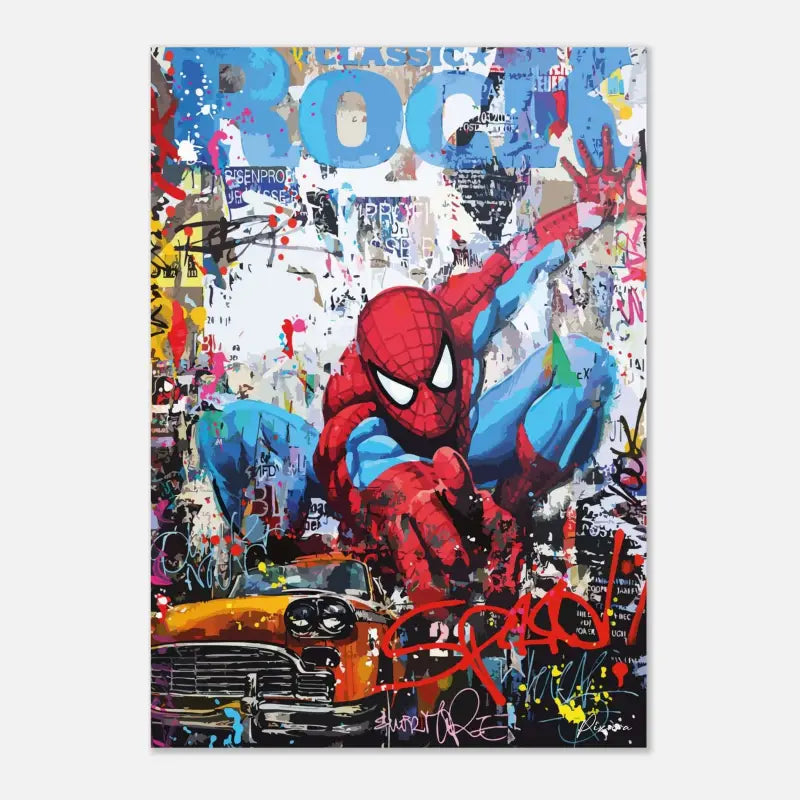 Toile vibrante de style graffiti mettant en scène Spider-Man dans son costume classique rouge et bleu, entouré de peinture éclaboussée et d’éléments d’art de rue urbain.