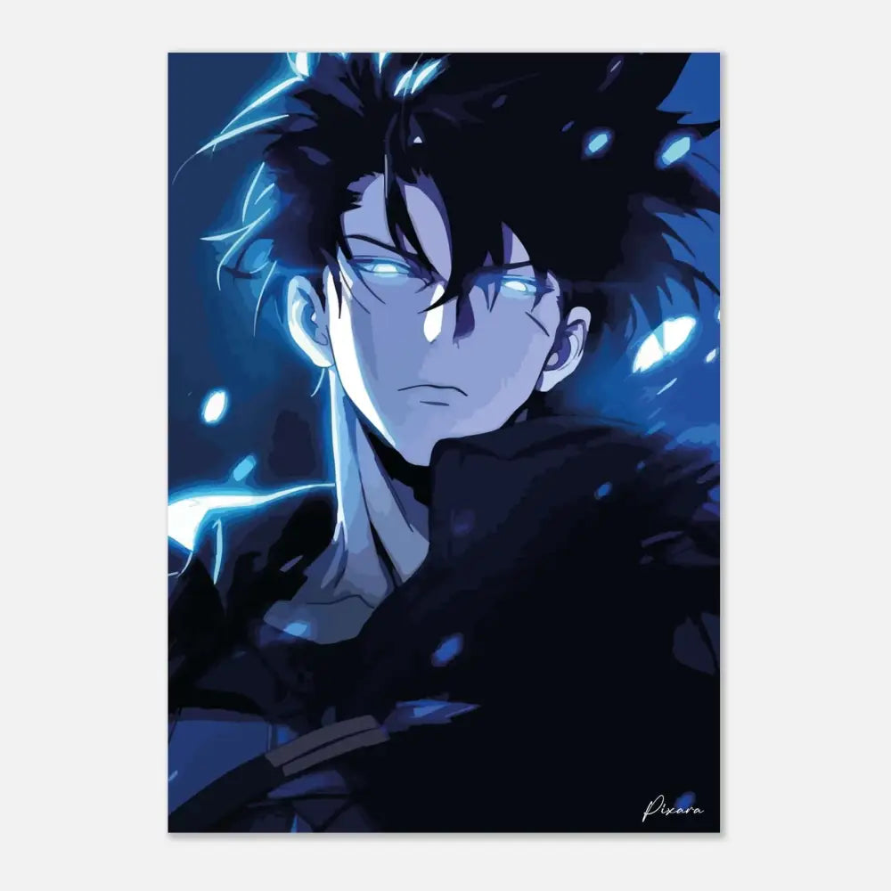 Impression de portrait anime aux tons bleus mettant en scène un personnage aux yeux lumineux et aux cheveux sombres et hérissés.