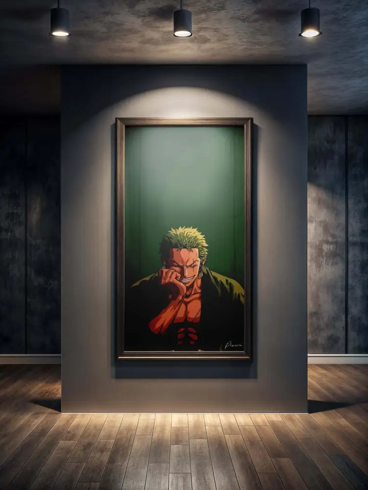 Un portrait encadré d’un personnage d’anime aux cheveux verts hérissés et à la chemise orange, sur fond sombre dans un cadre en bois élégant.