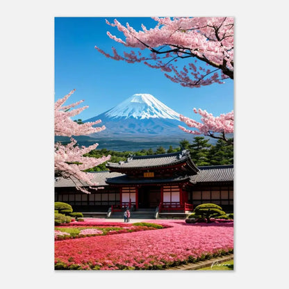 Une estampe vibrante présentant un temple japonais traditionnel avec des piliers rouges et des toits en tuiles sombres, encadré par des cerisiers en fleurs roses sur fond du mont Fuji enneigé sous un ciel bleu clair.