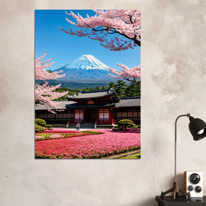 Une impression sur toile vibrante représentant le mont Fuji avec des cerisiers en fleurs et un temple japonais traditionnel, encadré par des branches fleuries roses sur un ciel bleu clair.