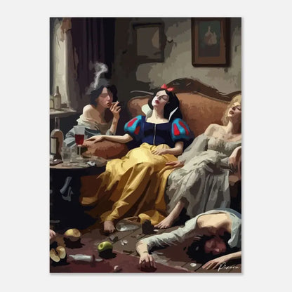 Une peinture stylisée représentant Blanche-Neige dans une robe bleue et jaune avec des accents rouges, reclinée sur un canapé orné aux côtés d’autres figures dans une pièce faiblement éclairée.