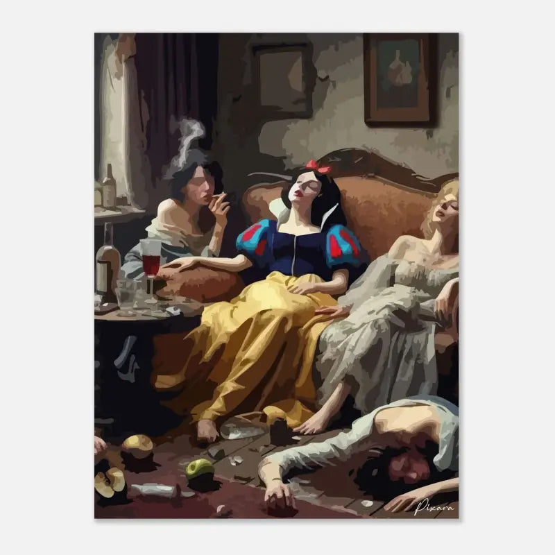 Une peinture stylisée représentant Blanche-Neige dans une robe bleue et jaune avec des accents rouges, reclinée sur un canapé orné aux côtés d’autres figures dans une pièce faiblement éclairée.