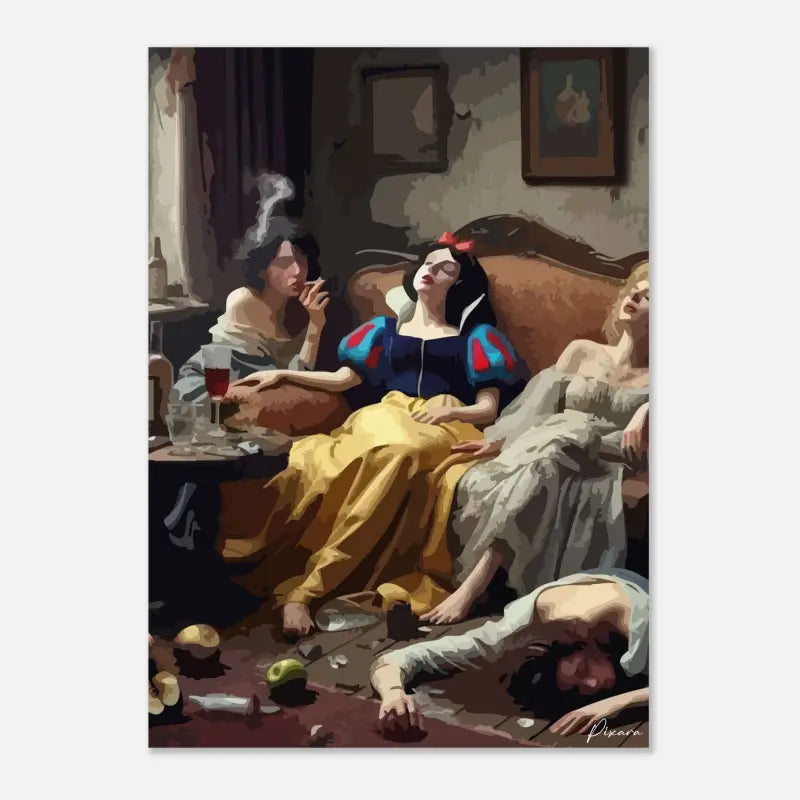Une peinture stylisée de Blanche-Neige reclinée sur un canapé dans sa robe iconique bleu et jaune avec des accents rouges, entourée d’autres figures dans une pièce faiblement éclairée.
