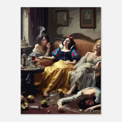 Une peinture stylisée représentant Blanche-Neige dans une pièce sombre et encombrée avec trois autres femmes autour d’elle.