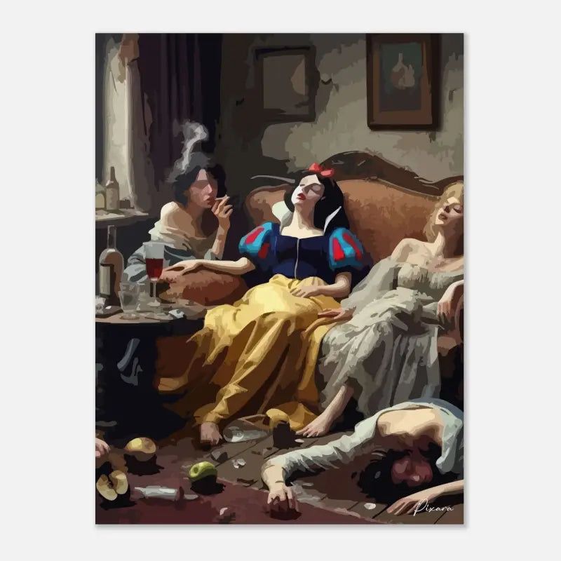 Une peinture stylisée représentant Blanche-Neige dans une pièce sombre et encombrée avec trois autres femmes autour d’elle.