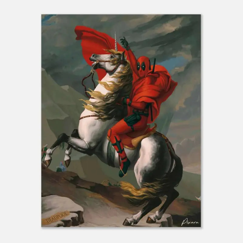 Deadpool en costume rouge chevauche une licorne blanche avec une crinière et une queue dorées flottantes, représenté comme une peinture à l’huile.