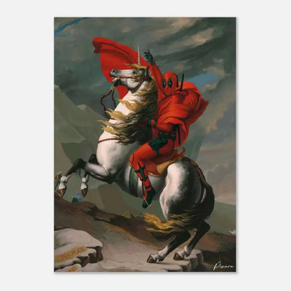 Deadpool dans un costume rouge chevauche un licorne blanc avec une cape flottante, représenté comme une estampe artistique.