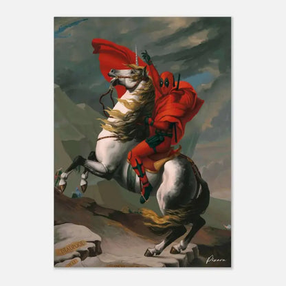 Deadpool en costume rouge chevauche un licorne blanc avec une cape rouge flottante, représenté comme une œuvre peinte.