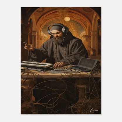 Un moine vêtu d’une robe brun foncé à boutons argentés est assis à un bureau, portant de grands écouteurs sur les oreilles et utilisant un clavier électronique et une table de mixage.