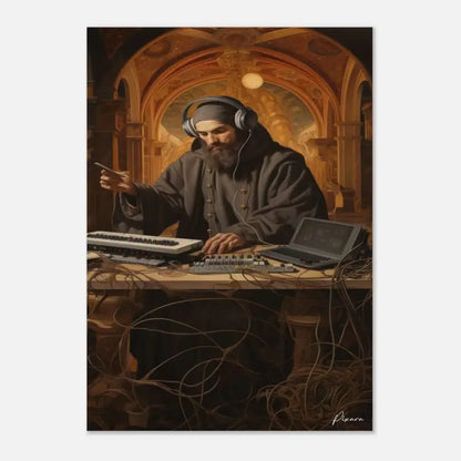 Un moine en robe marron foncé et avec des écouteurs est assis à un bureau encombré d’équipement de musique électronique, incluant un clavier blanc et un ordinateur portable.