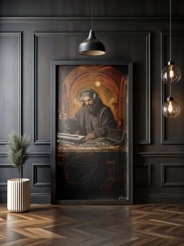 Un tableau encadré représentant un homme barbu en robes sombres portant un casque audio, assis à un équipement de DJ avec un clavier et un mélangeur, sur fond architectural en arc.