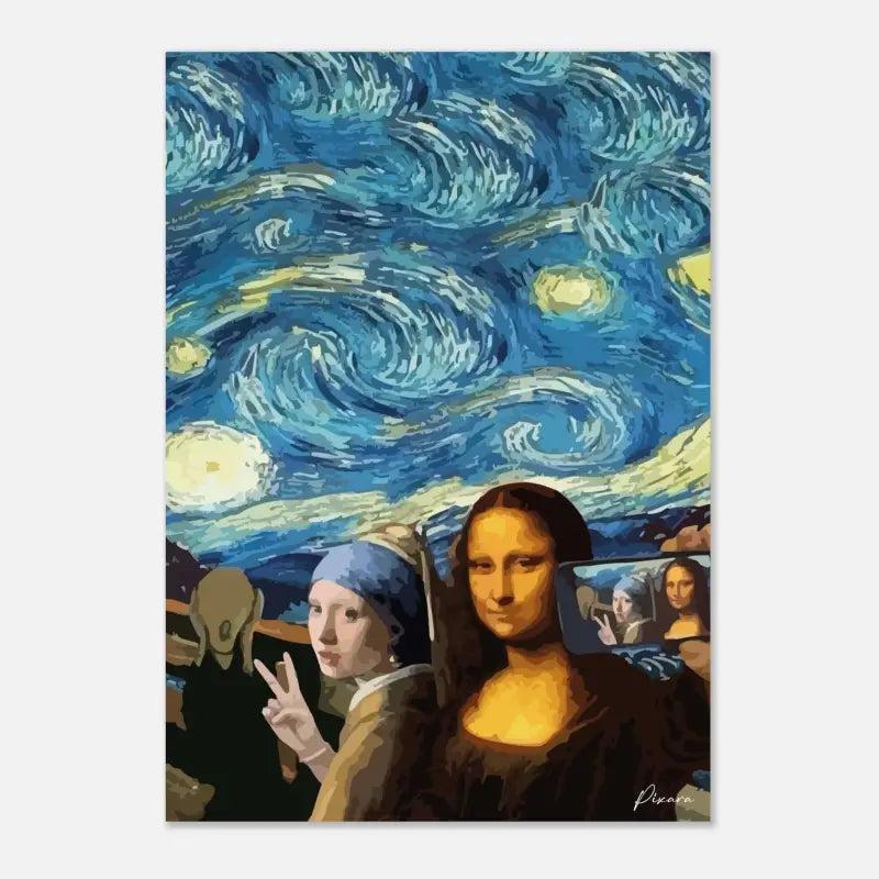 Une impression sur toile vibrante et stylisée mettant en scène la Joconde et la Jeune Fille aux perles sur un fond de ciel nocturne tourbillonnant bleu étoilé.