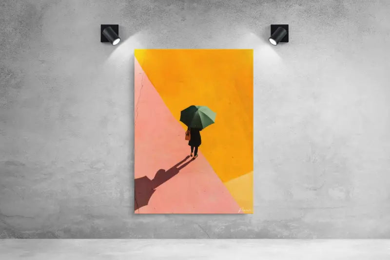 Une impression vibrante sur toile abstraite mettant en scène une silhouette solitaire tenant un parapluie vert sur des arrière-plans géométriques orange et rose audacieux.
