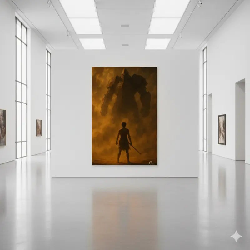 Une impression sur toile dramatique, orientée verticalement, dépeignant une figure solitaire debout devant un géant imposant et ombragé sous un ciel aux teintes orangées.