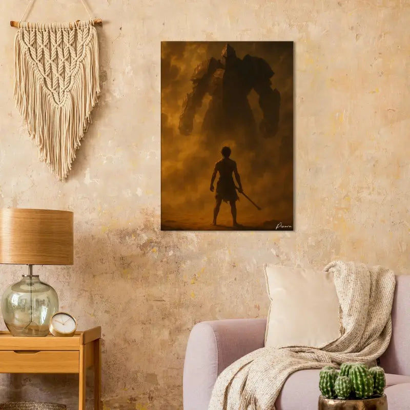 Une impression sur toile rectangulaire représentant une silhouette solitaire se tenant devant un géant mécanique massif et ombreux sous un ciel dramatique aux teintes dorées.