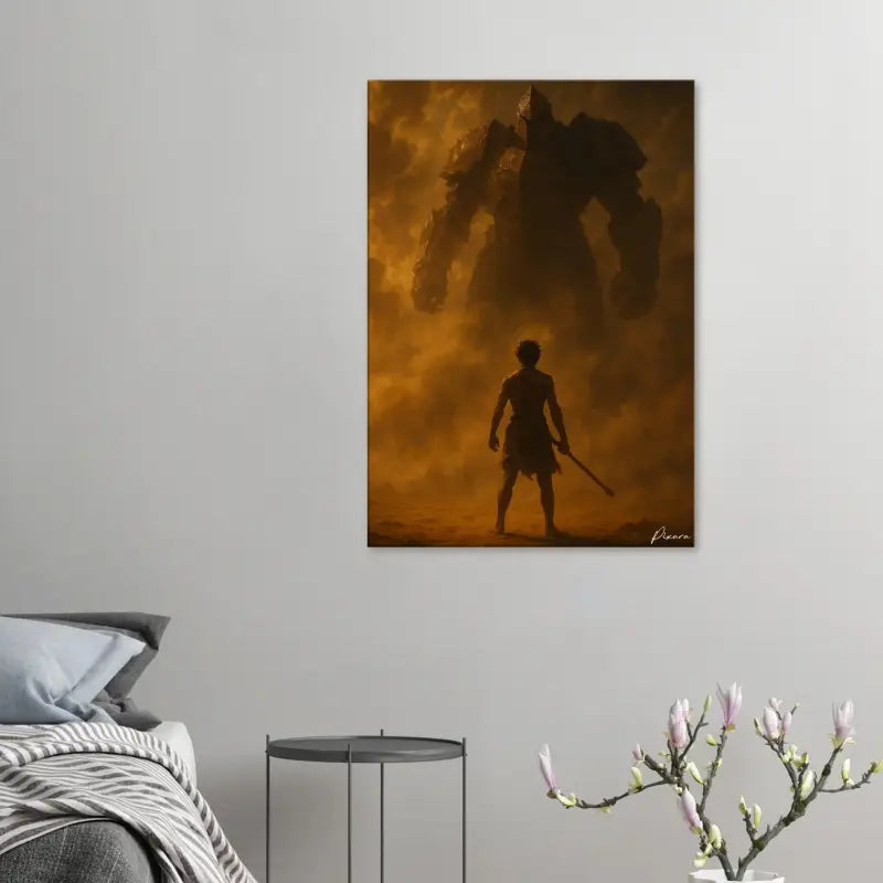 Une impression sur toile dramatique représentant un guerrier solitaire affrontant un géant colossal et ombreux sur fond de ciel aux teintes orangées.