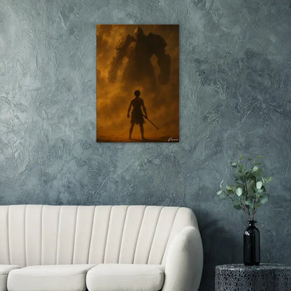 Une impression sur toile dramatique dépeignant un guerrier solitaire affrontant un géant colossal et ombreux sur un arrière-plan aux tons orangés.