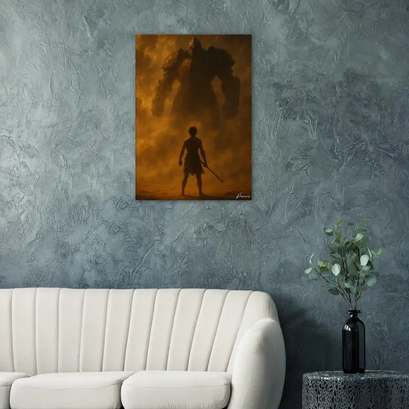 Une impression sur toile dramatique dépeignant un guerrier solitaire affrontant un géant colossal et ombreux sur un arrière-plan aux tons orangés.