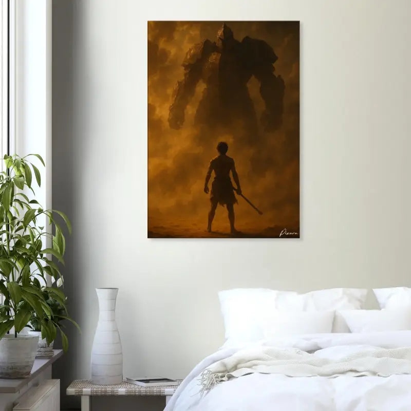 Une impression sur toile rectangulaire représentant une silhouette solitaire debout devant un géant massif et ombragé dans un paysage désertique aux teintes orangées.