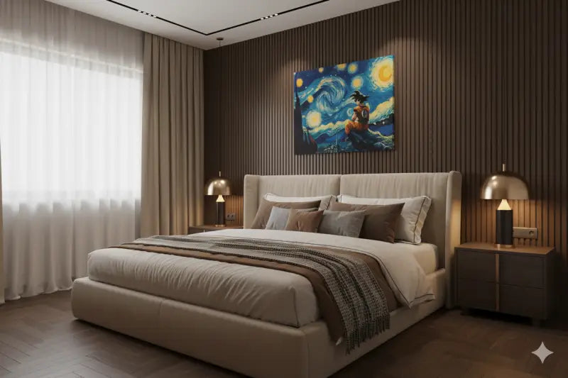 Lit capitonné beige avec une tête de lit matelassée et des oreillers superposés.