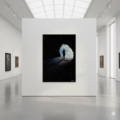 Une peinture sur toile noire représentant une figure solitaire debout en silhouette dans une grotte sombre, encadrée par une ouverture qui révèle un ciel bleu clair et des étoiles.
