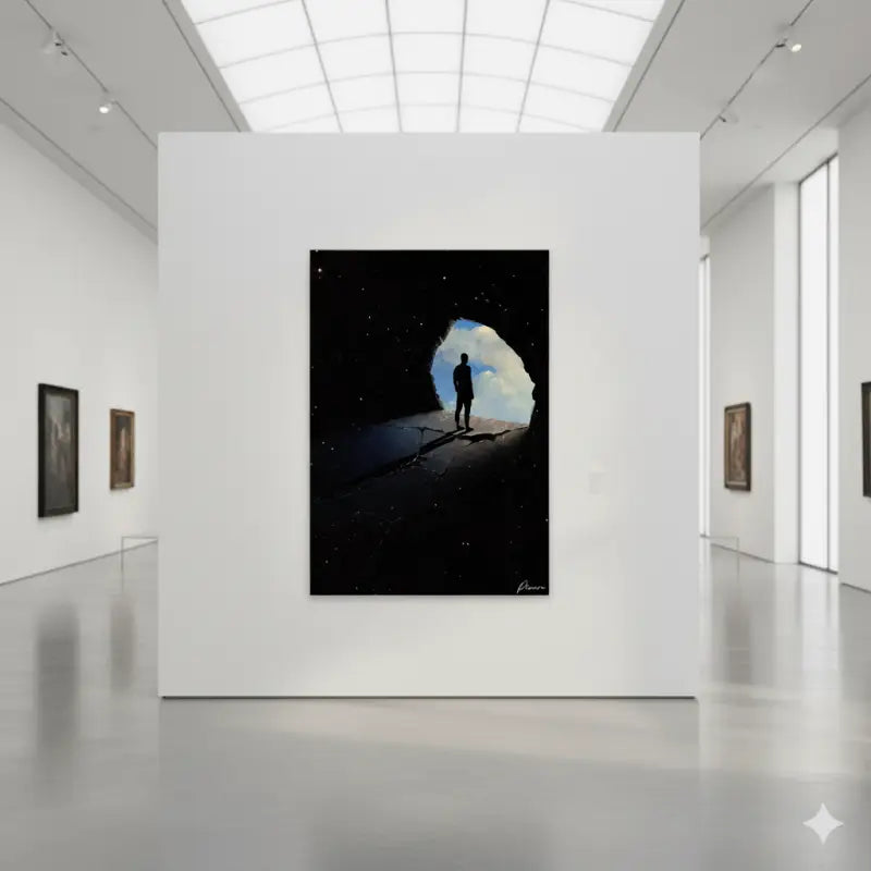 Une peinture sur toile noire représentant une figure solitaire debout en silhouette dans une grotte sombre, encadrée par une ouverture qui révèle un ciel bleu clair et des étoiles.
