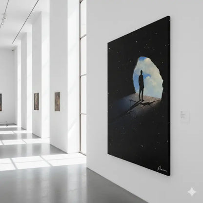Peinture sur toile noire présentant une silhouette d’une personne debout dans une ouverture arquée sur fond de ciel nocturne étoilé avec des nuages, signée par l’artiste.