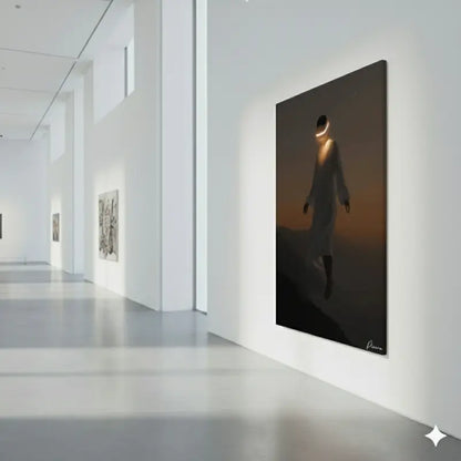 Une peinture minimaliste sur toile présentant une figure solitaire en robes blanches fluides sur un dégradé de orange chaud et de gris foncé, avec le visage obscurci par un halo éthéré luminescent.