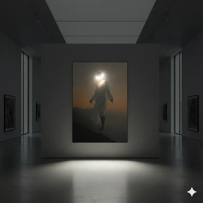 Un tableau encadré représentant la silhouette d’une figure debout sur une colline au crépuscule, avec la tête illuminée par une lumière vive sur un ciel orange et gris.