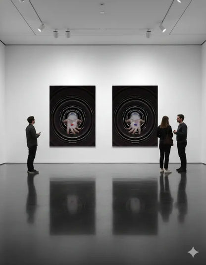 Deux œuvres d’art identiques à cadre noir, chacune présentant une main blanche centrale avec des marques rouges sur des motifs circulaires concentriques.