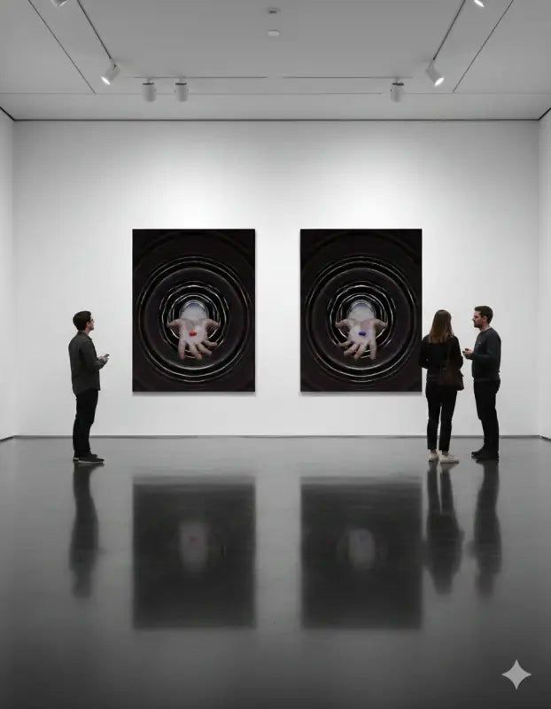 Deux œuvres d’art identiques à cadre noir, chacune présentant une main blanche centrale avec des marques rouges sur des motifs circulaires concentriques.