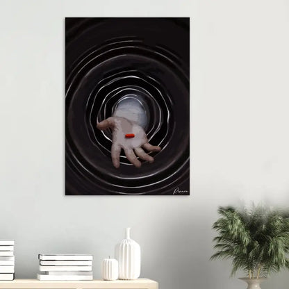 Art sur toile noire représentant une main tenant une pilule orange sur fond de motifs circulaires concentriques.