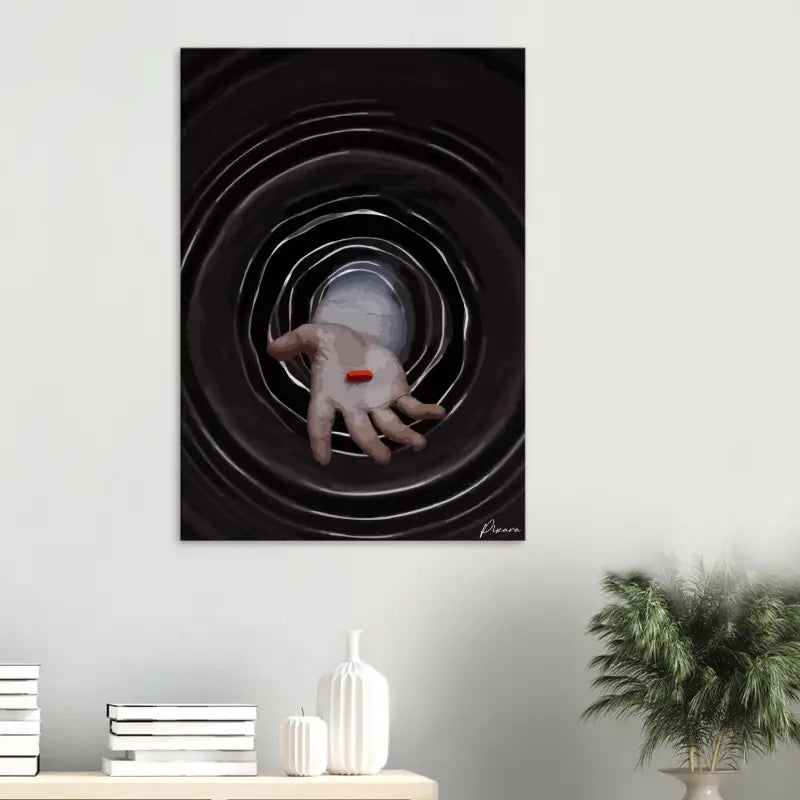 Art sur toile noire représentant une main tenant une pilule orange sur fond de motifs circulaires concentriques.